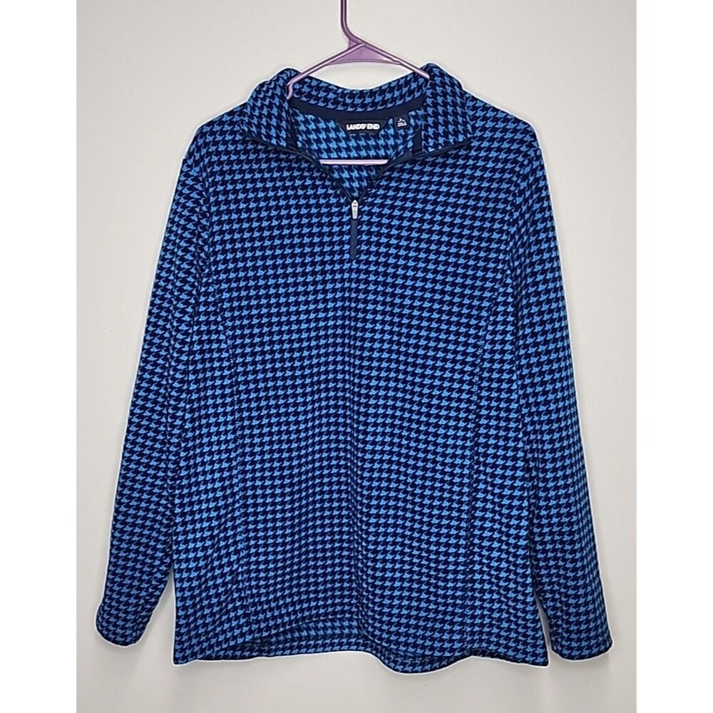 Lands End 1/4 Zip Sweatshirt Women's L Blue and Black L/S Fleece Textured Jacket